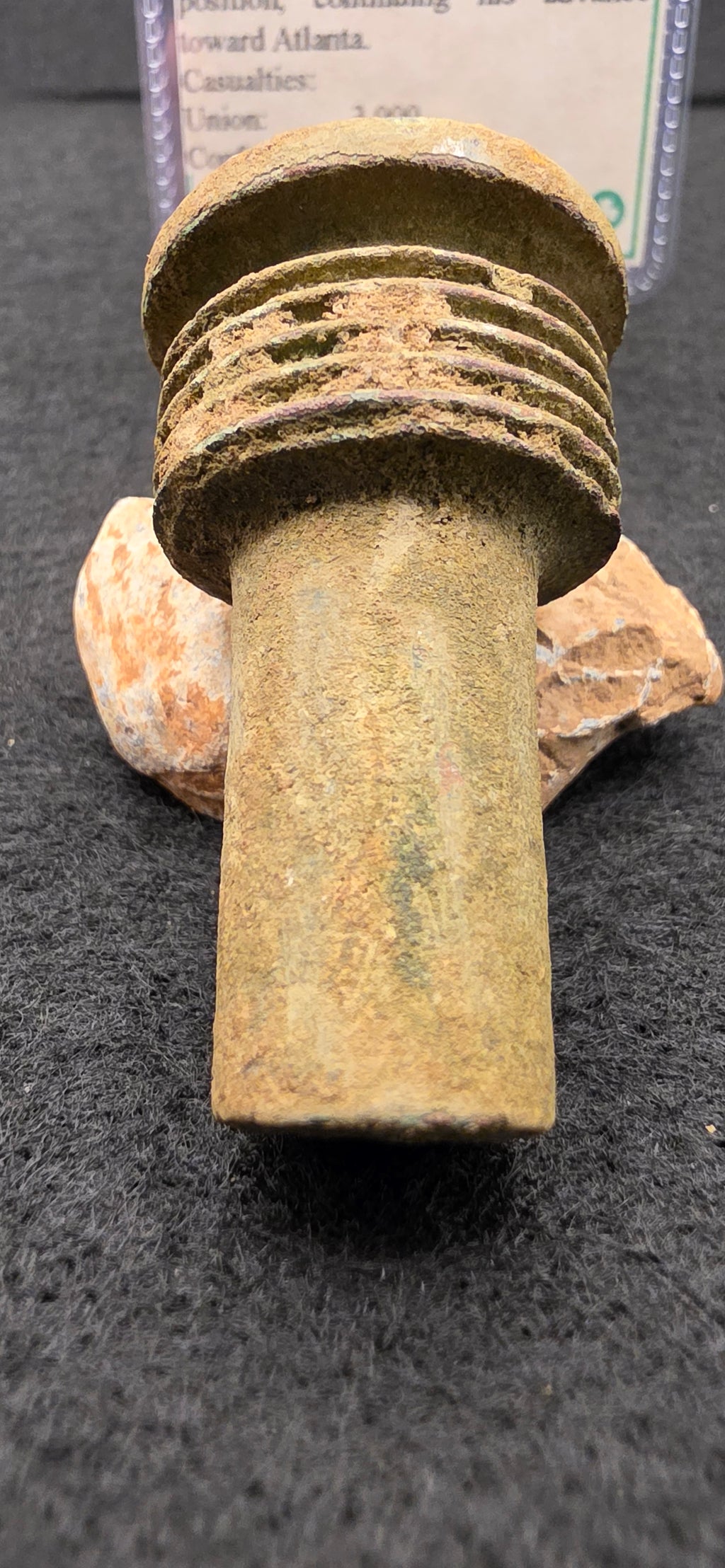 Battle of Kennesaw Mountain mortar fuse adapter with fuse intact and 2 "minie balls bullets"