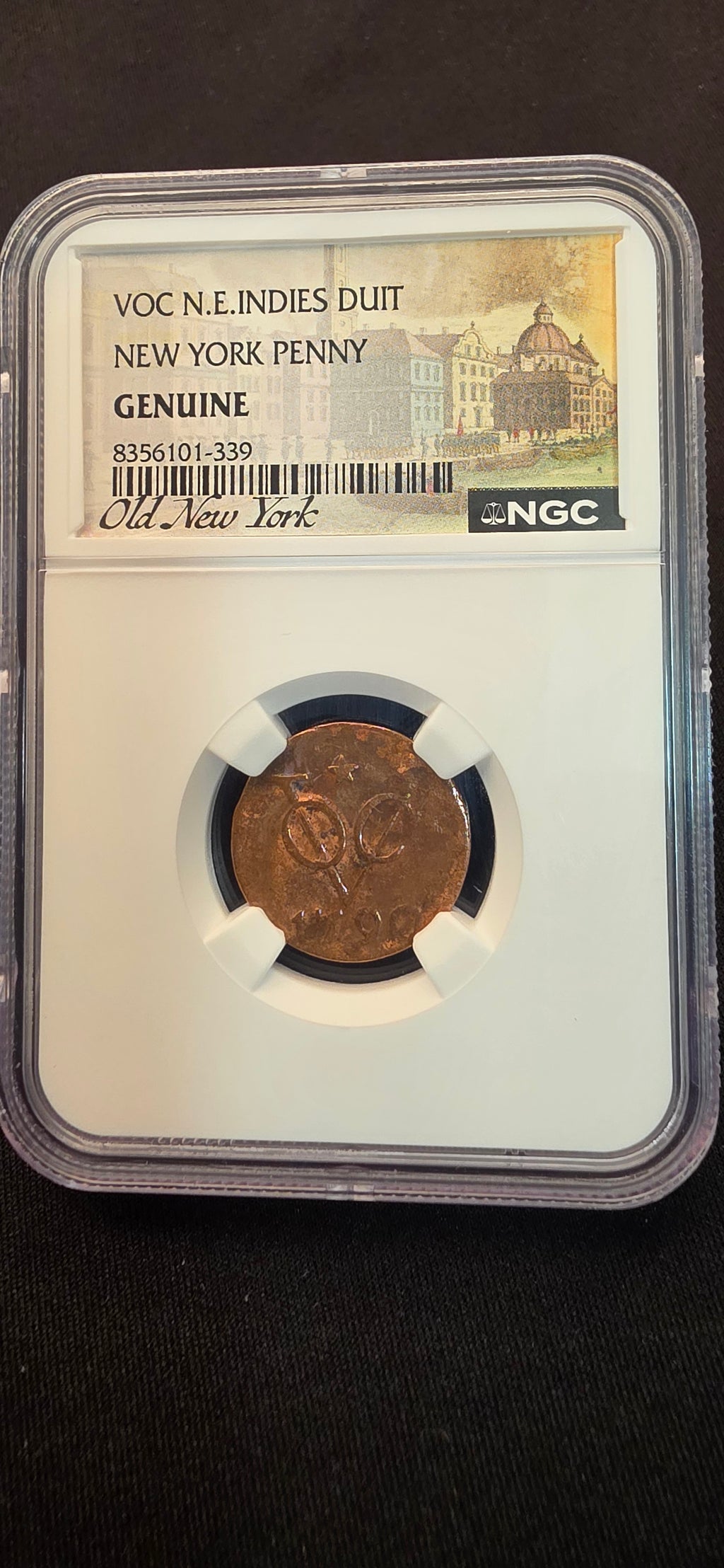 VOC Dutch East India Company Duit
NGC Genuine – “Old New York” Holder
Colonial New York Penny