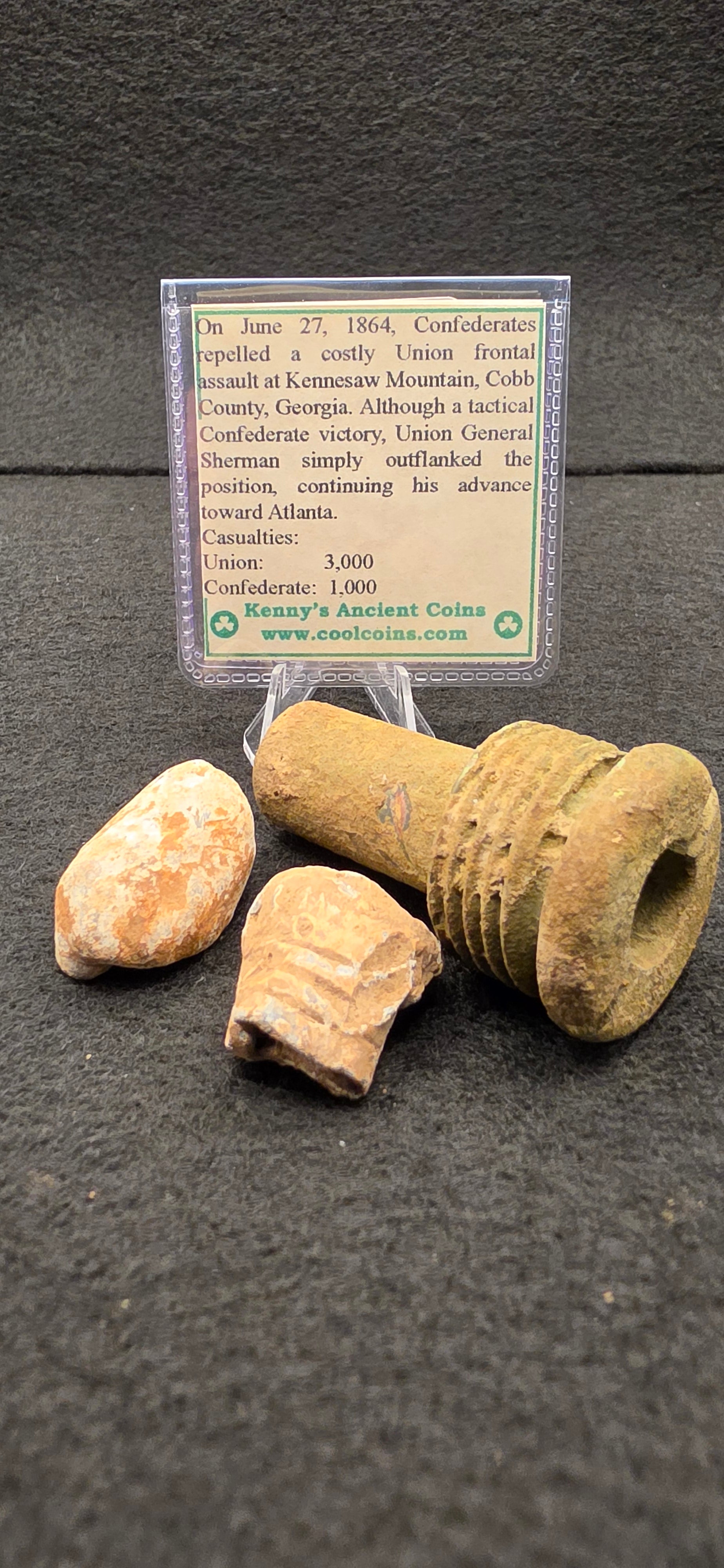 Battle of Kennesaw Mountain mortar fuse adapter with fuse intact and 2 "minie balls bullets"