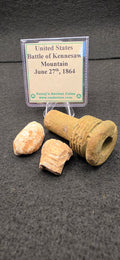 Battle of Kennesaw Mountain mortar fuse adapter with fuse intact and 2 "minie balls bullets"