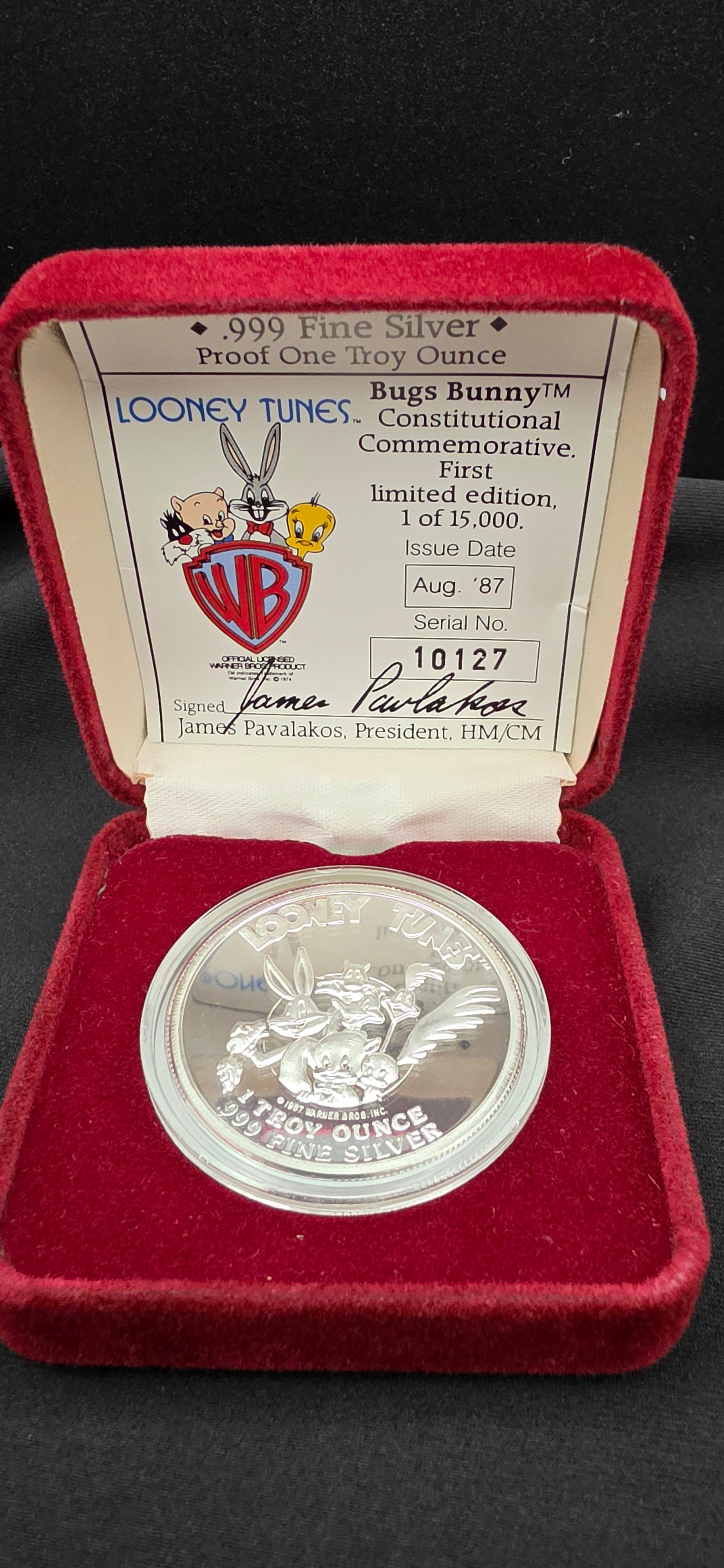 1987 Bugs Bunny Looney Tunes 1 Troy Oz .999 Fine Silver Proof Commemorative
