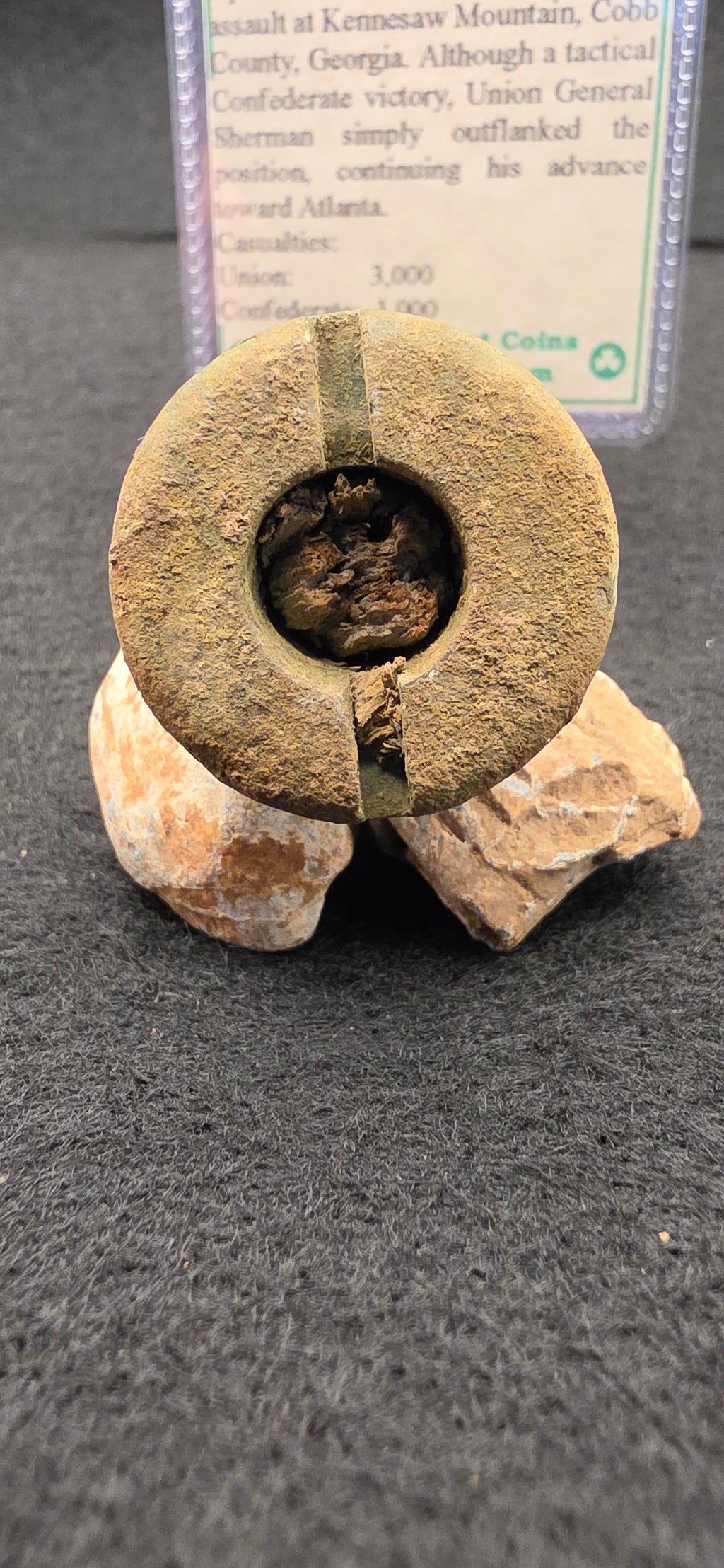Battle of Kennesaw Mountain mortar fuse adapter with fuse intact and 2 "minie balls bullets"