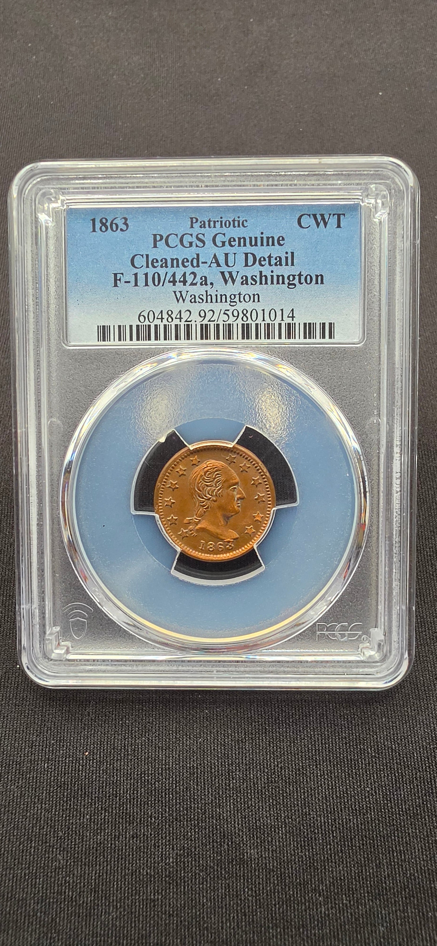 1863 Civil War Patriotic Token – Washington / NEW YORK – PCGS Genuine Cleaned AU Detail